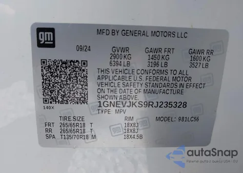 2024 Chevrolet Traverse Awd Z71 из США, поврежденный, VIN 1GNEVJKS9RJ235328